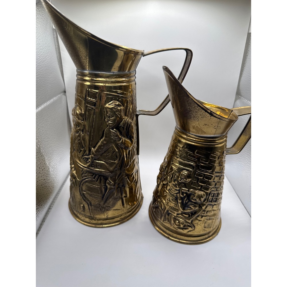 Vintage Brass Pitcher Set Repousse Tavern Scene Made in England 11in and 8in